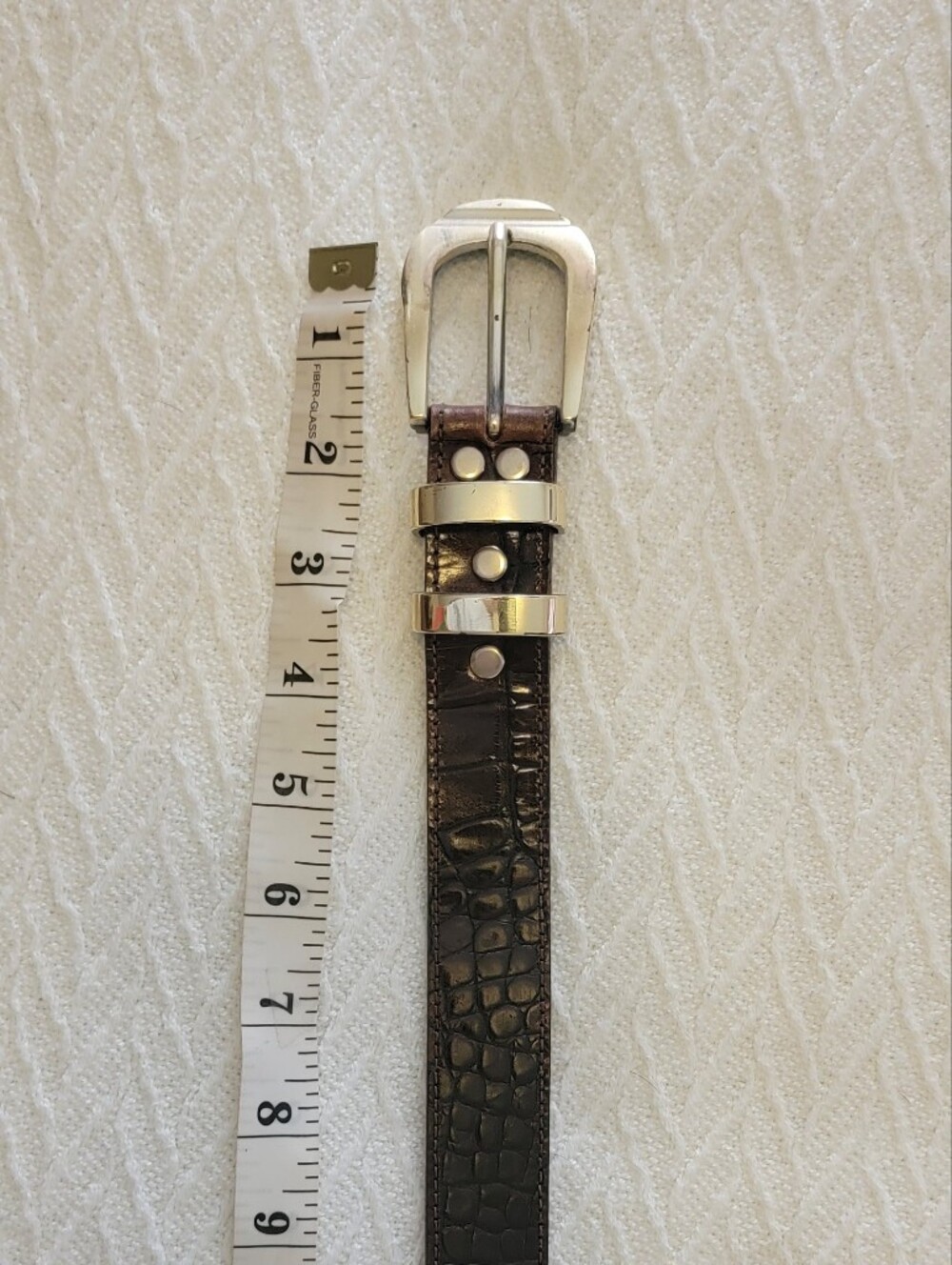 Vintage BELTS BY SIMON Dark Brown Croc-Embossed Leather Belt with Silver Buckle